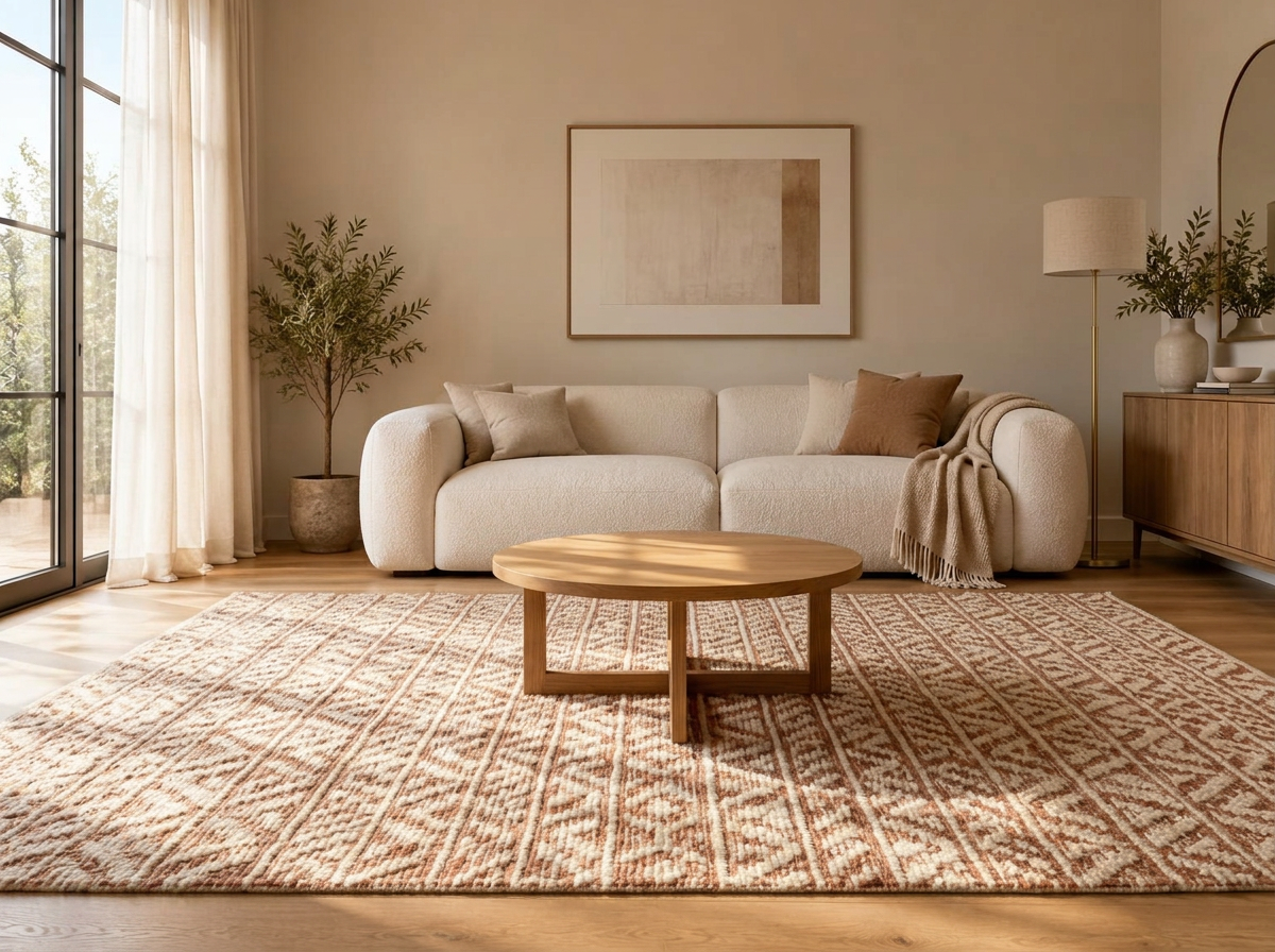 Le même salon complété avec un tapis, une table basse et un lampadaire